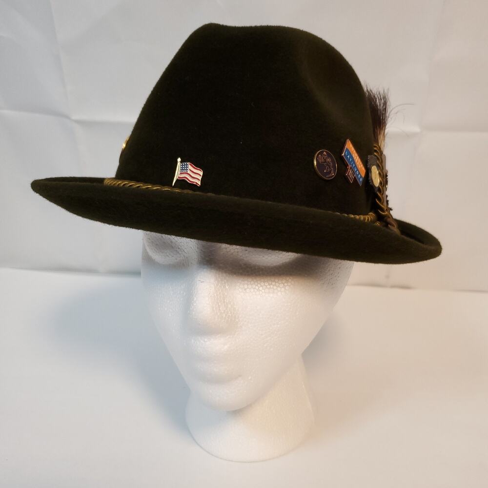 Vtg Oktoberfest Fein Kaller Olive Green Fedora Hat Swiss Velour Hunting Pins 56